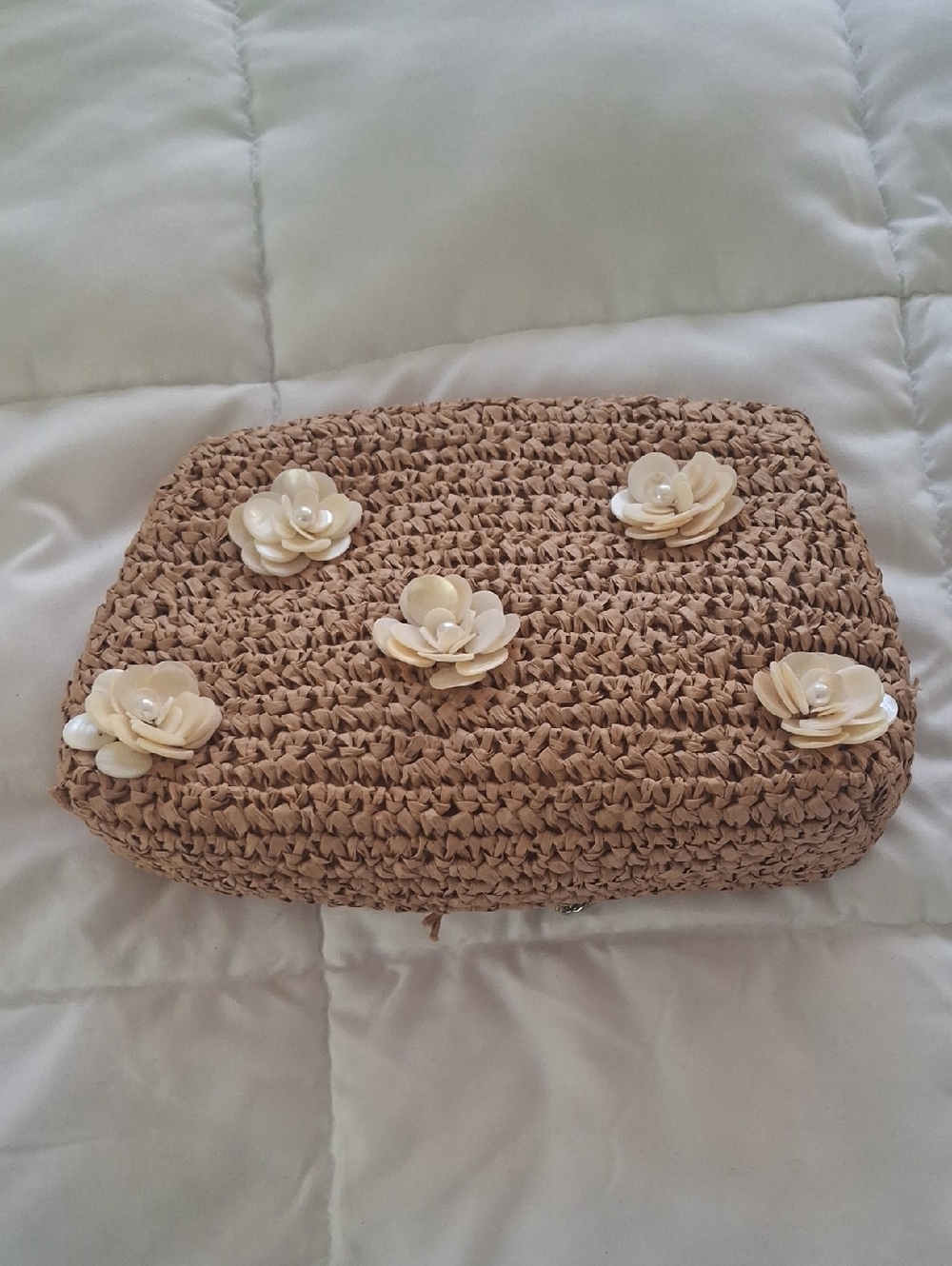 Woven Tan Clutch with Cream Floral Accents